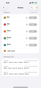 A game of Rummy being scored in light appearance: each player with a colored initial, their total, and plus and minus buttons for this round, with the rounds so far listed below.